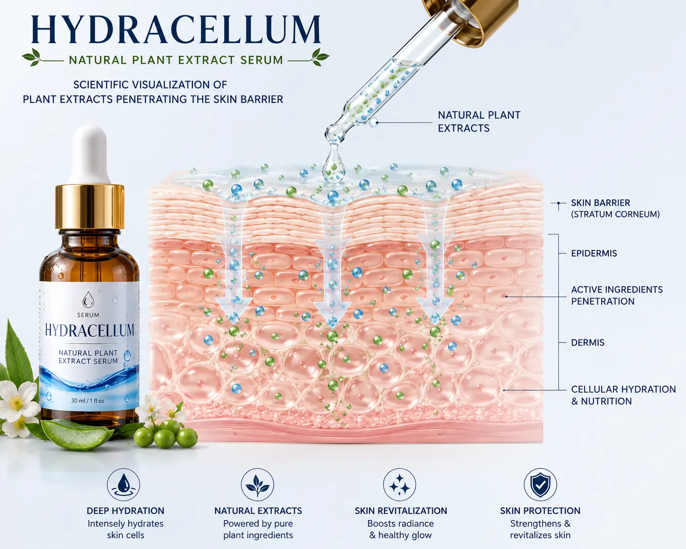 Scientific visualization of Hydracellum plant extracts penetrating the skin barrier